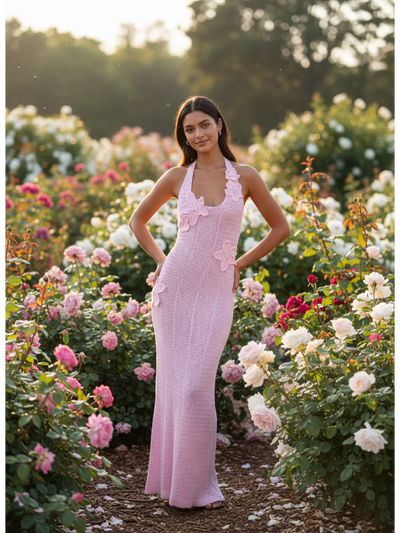 Halterneck Backless Crochet Applique Flower Maxi Dress