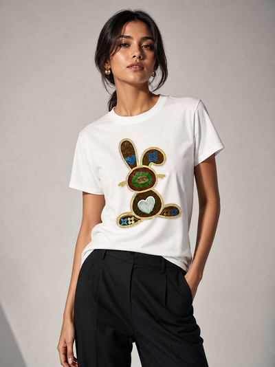 Branded Print M I U Cotton Lycra T-Shirt, white top with sequined bunny graphic
