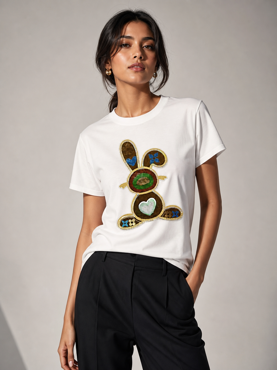 Branded Print M I U Cotton Lycra T-Shirt, white top with sequined bunny graphic