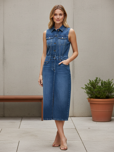 Model wearing sleeveless denim midi shirt dress with button front, collared neckline, and chest pockets.