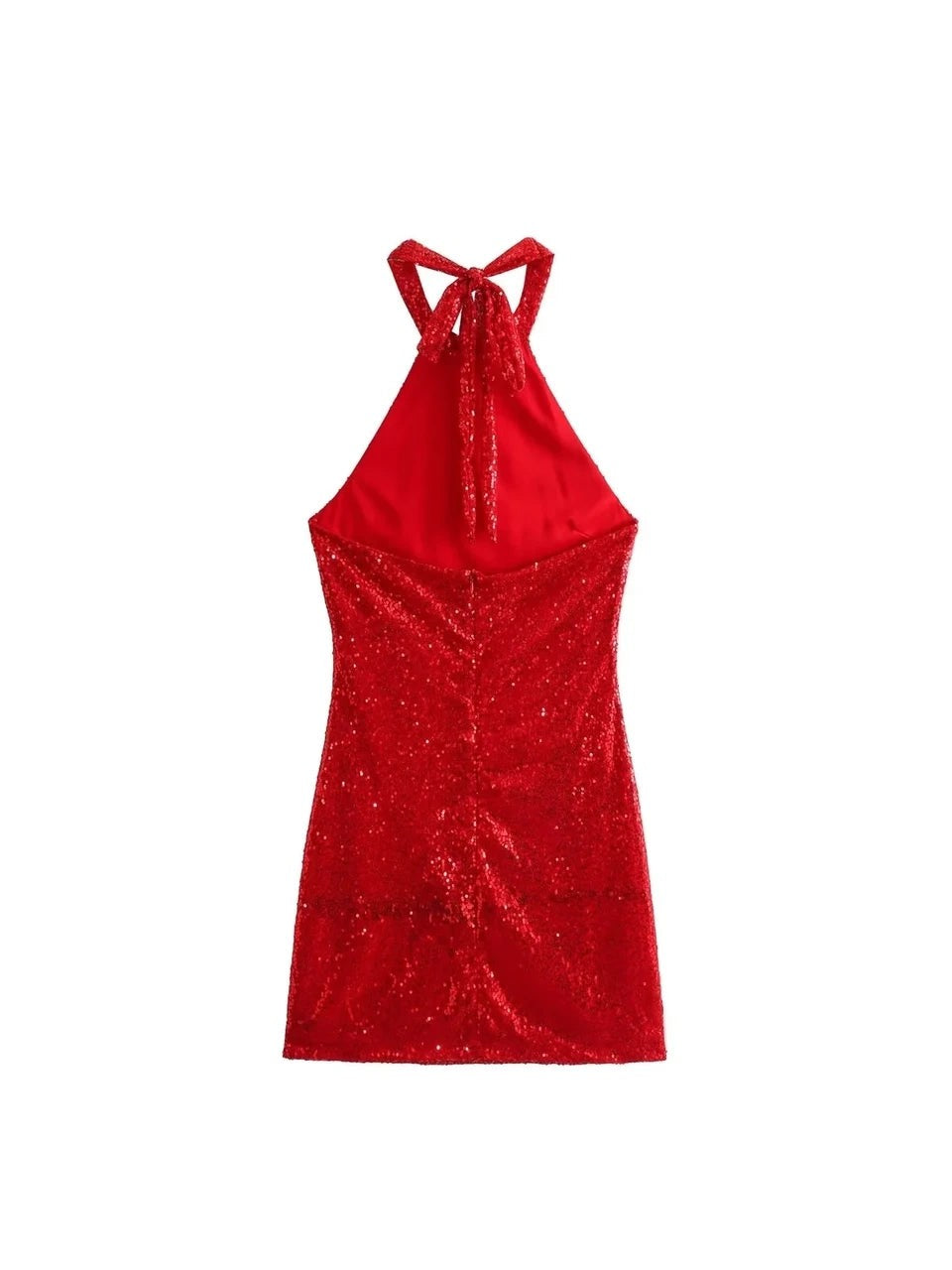 Black & Red Halter Neck Sequins Short Dress