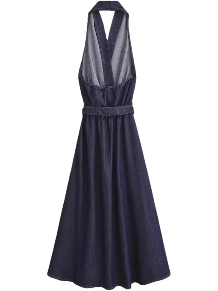 Indigo halter-neck belted A-line midi dress with a sheer mesh bodice and flowing navy skirt.