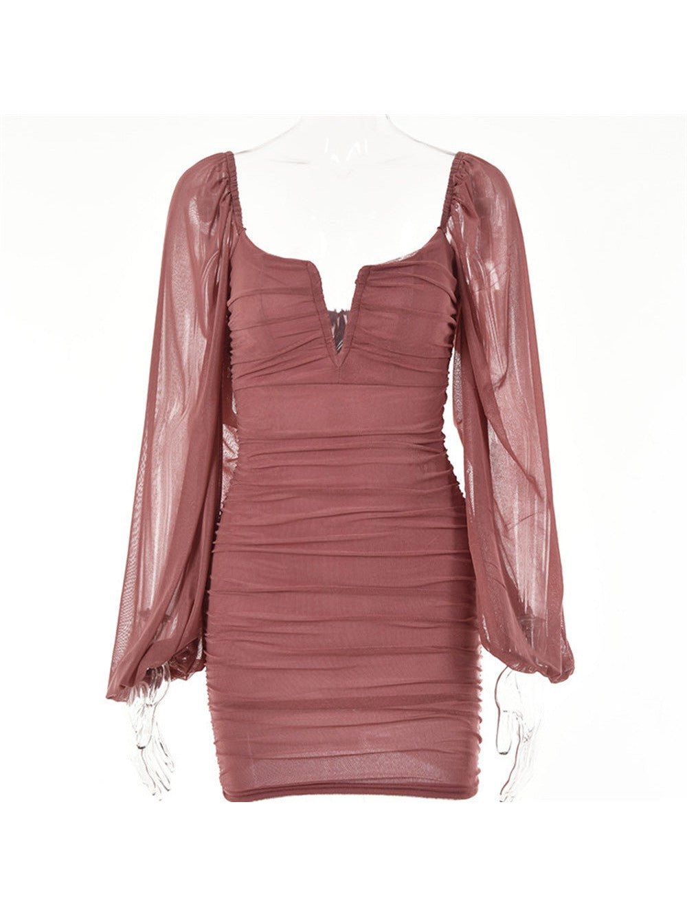 V Neck Dress Voile Full Sleeve Mesh Backless Dress