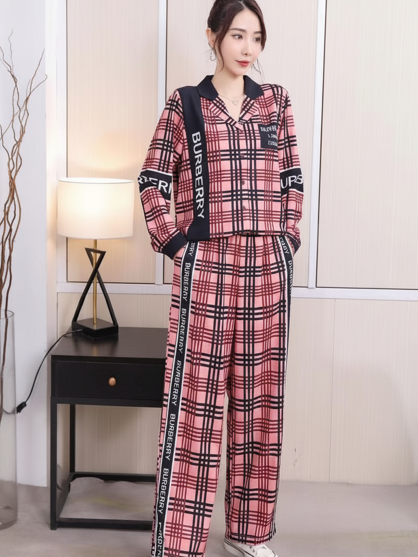 Print B U shirt & wide-leg pants coord set in pink plaid with black trim; Burberry-branded strap, on sale.