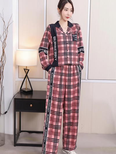 Print B U shirt & wide-leg pants coord set in pink plaid with black trim; Burberry-branded strap, on sale.