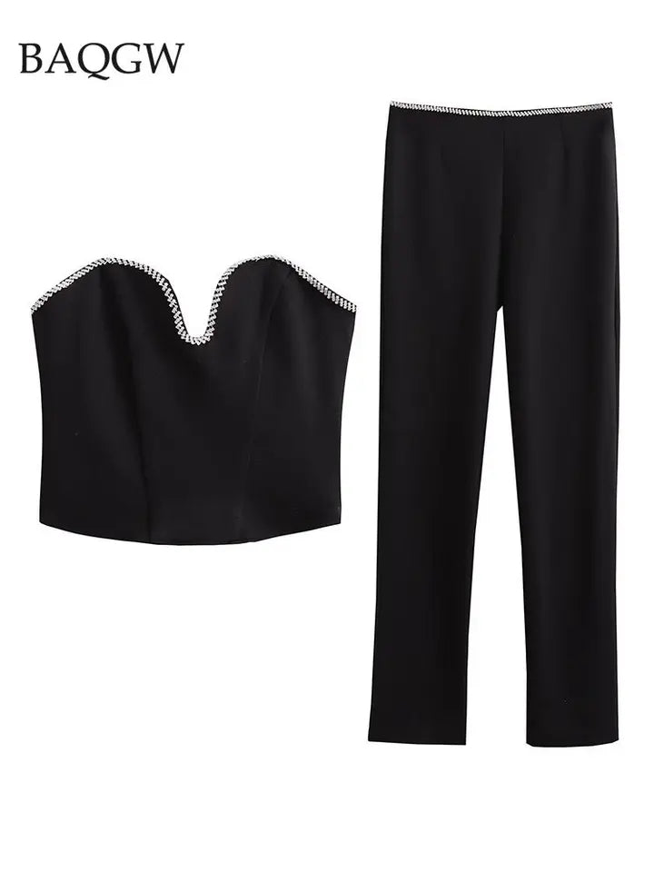Diamond Beading Crop Top & Low Waist Pencil Pants Coord Set