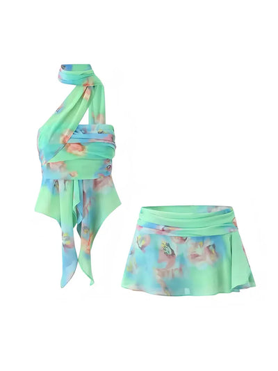 Floral Print Ruffle Trim Halter Top & Mini Skirt Coord Set