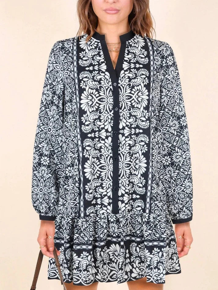 Contrast Piping Vintage Floral Dress