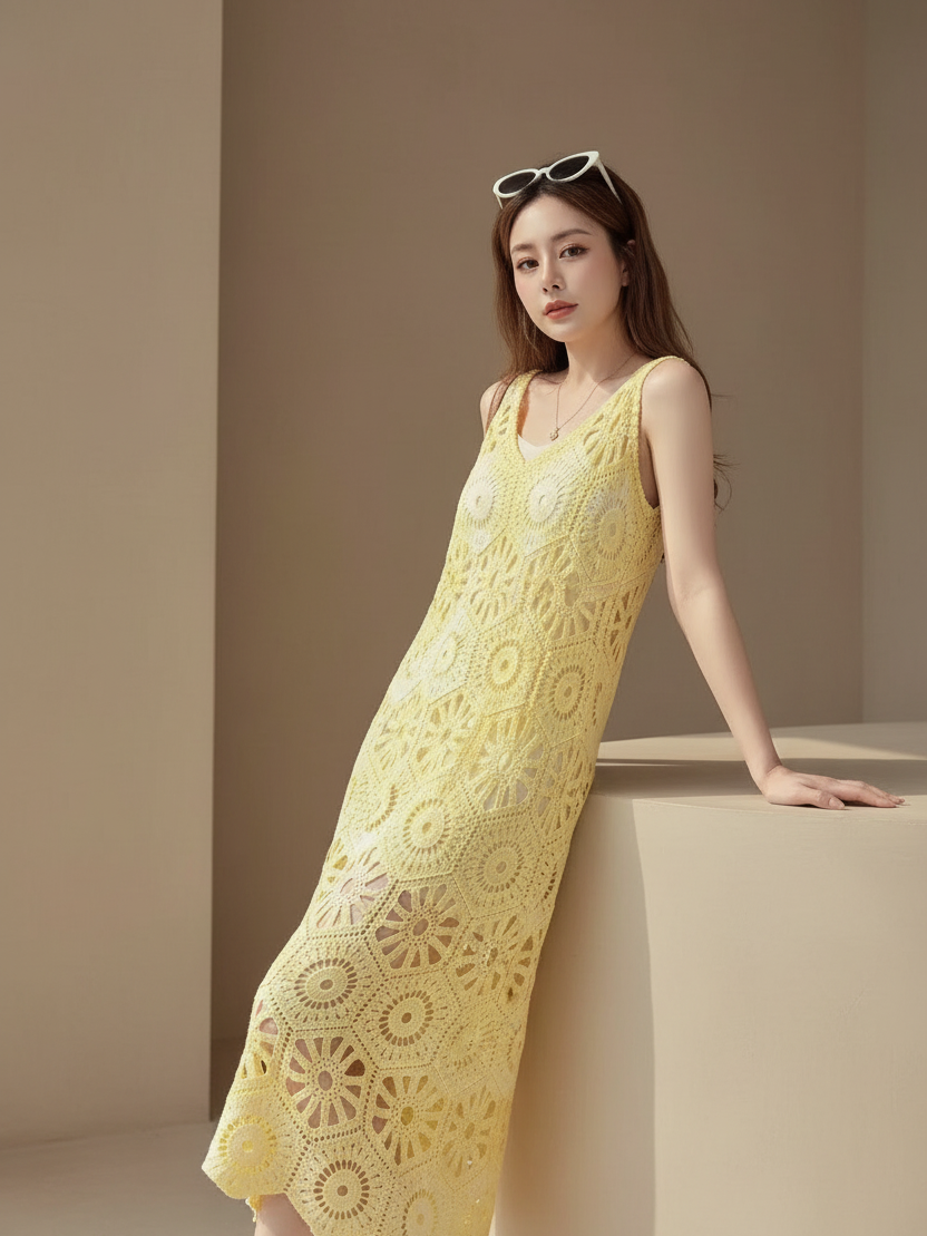 Yellow crochet dress; sleeveless, floral circular crochet pattern, on sale