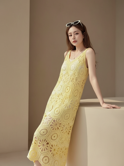 Yellow crochet dress; sleeveless, floral circular crochet pattern, on sale