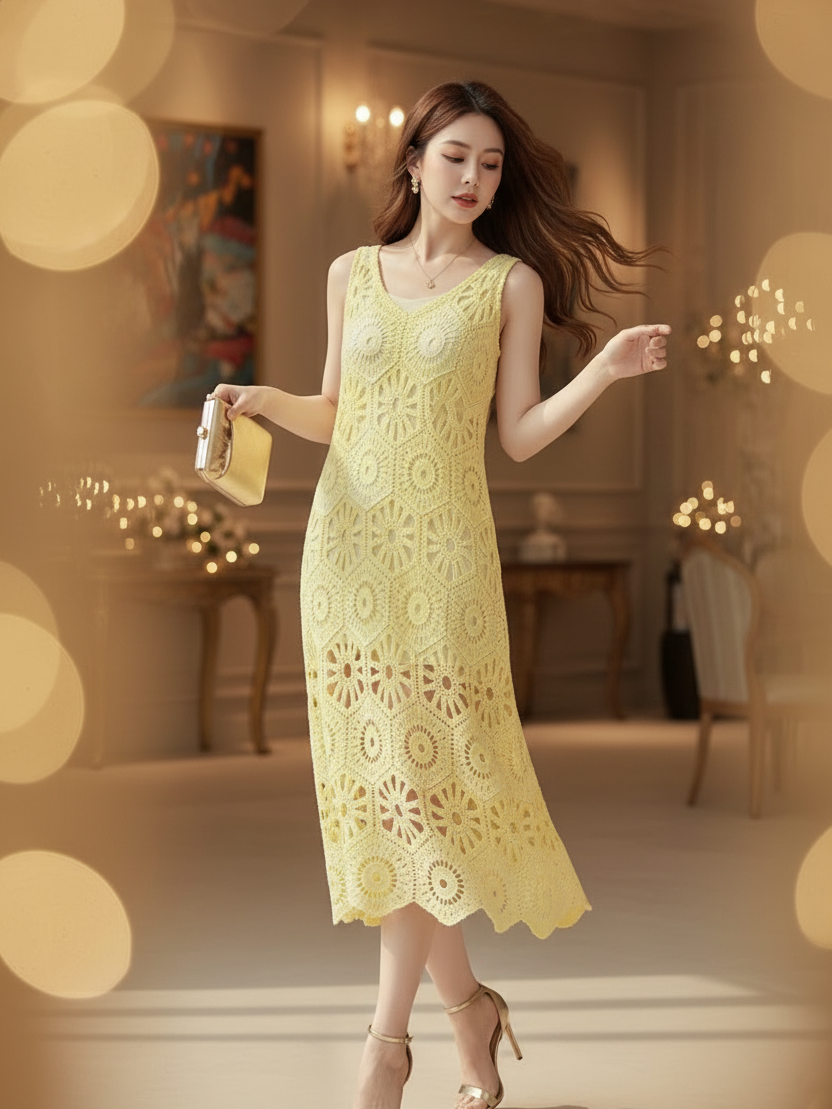 Yellow crochet dress, sleeveless midi with floral circular crochet pattern