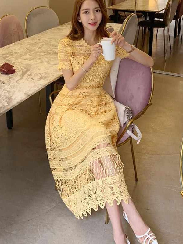 Yellow Crochet Lace Dress with Inner