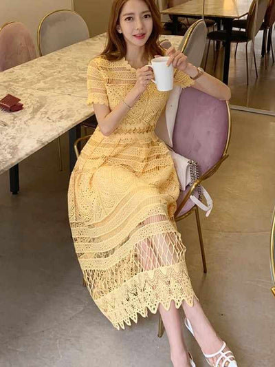 Yellow Crochet Lace Dress with Inner
