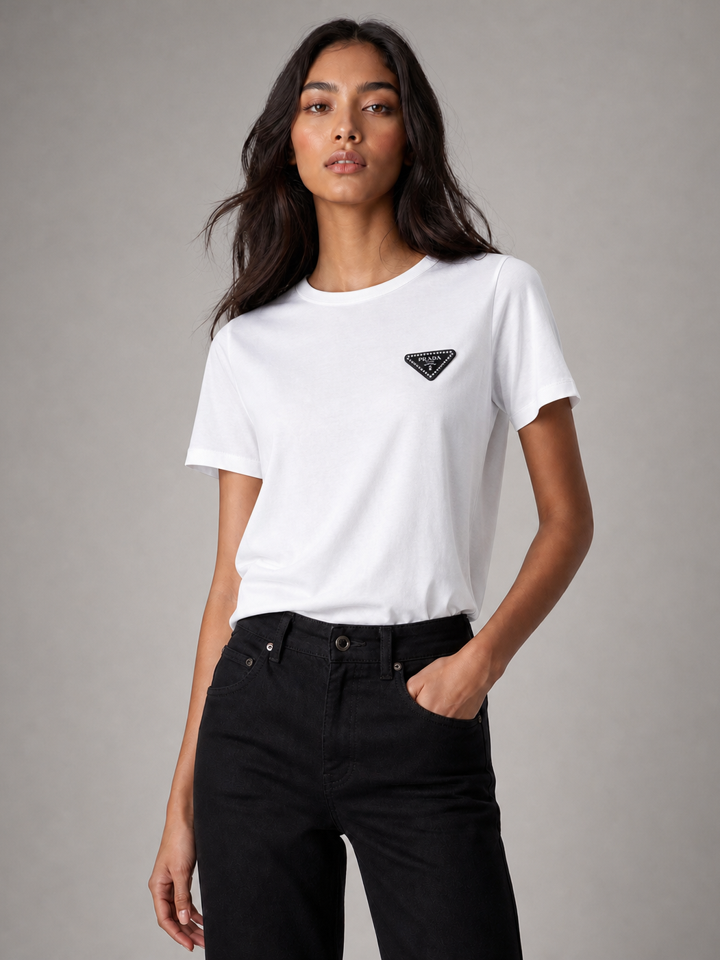 Print Cotton Lycra PR T-Shirt, white short-sleeve top with a small black triangular logo patch