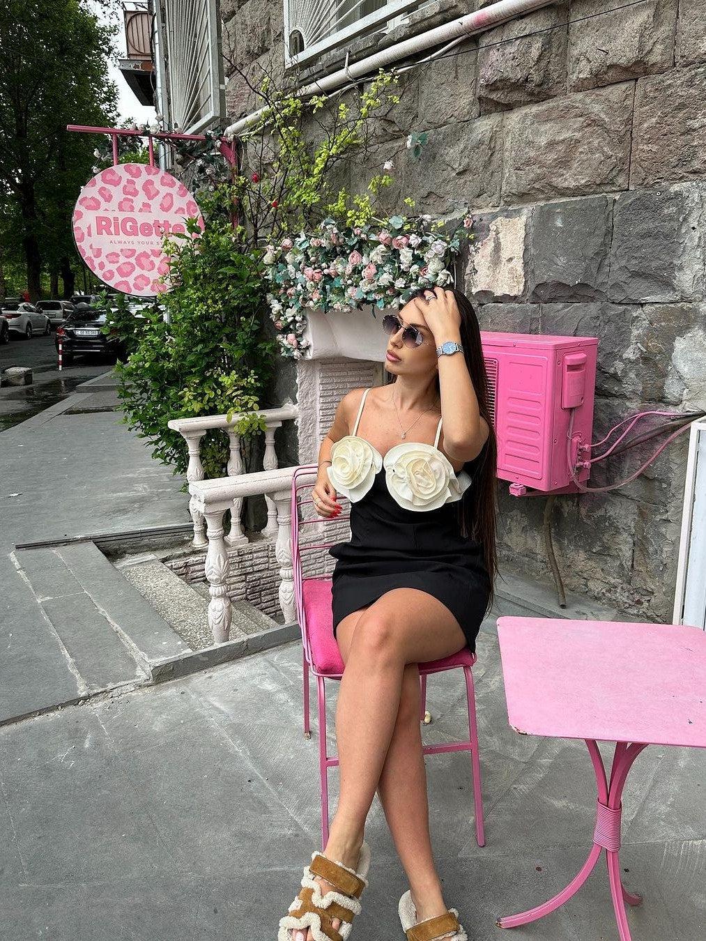 Black Applique Flower Short Dress