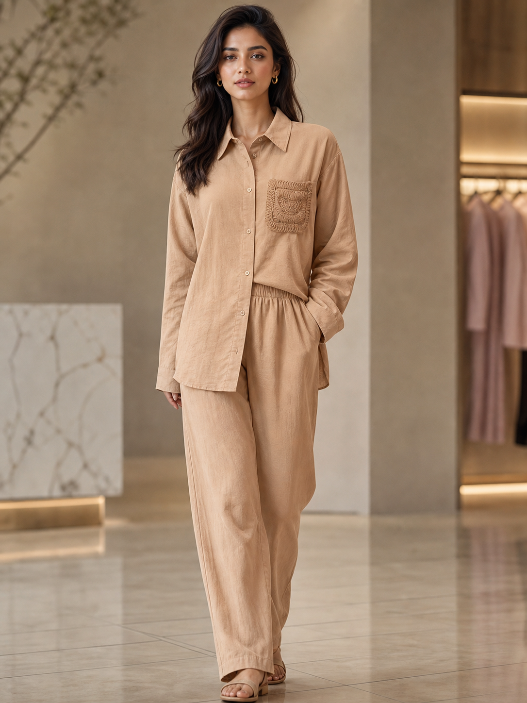EXCLUSIVES Embroidered Pocket Shirt & Pants Coord Set in tan beige; 2-piece, button-down shirt and wide-leg pants