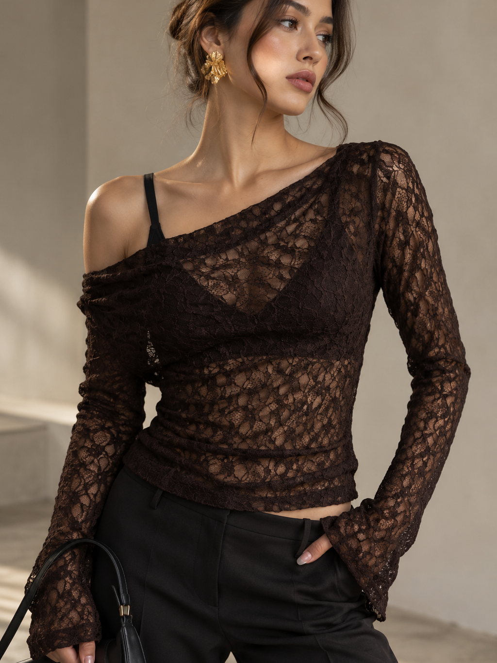 Vesper Off-Shoulder Lace Top on sale, brown lace blouse with a one-shoulder neckline and long sleeves