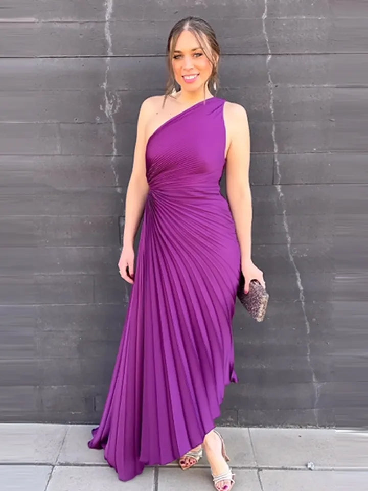Burgundy One Shoulder Pleated Dress