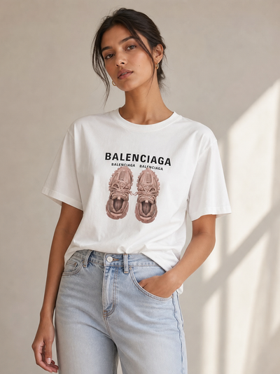 T-shirt, white cotton-lycra with Balenciaga logo and pink sneaker graphic