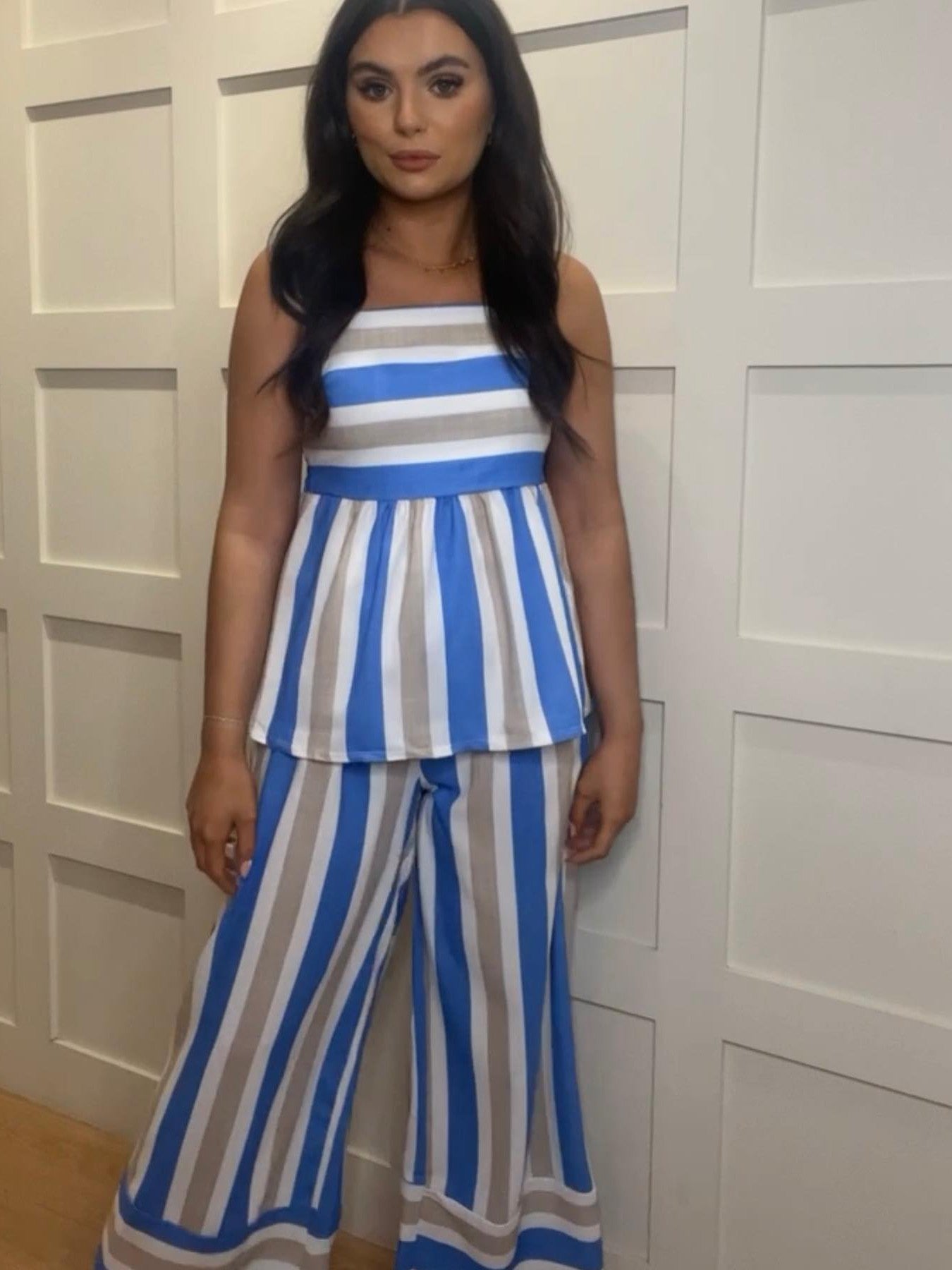 Striped Printed Lace Up Camisole Top & Wide Leg Pant Coord Set