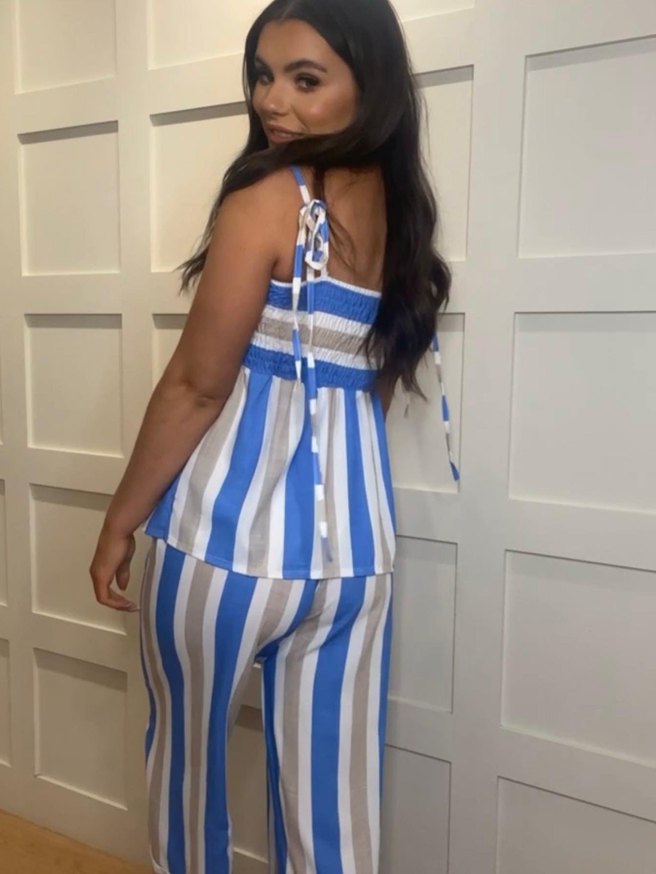 Striped Printed Lace Up Camisole Top & Wide Leg Pant Coord Set