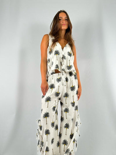 Tropical Print V Neck Tie Vest & Wide Leg Pant Coord Set