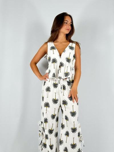 Tropical Print V Neck Tie Vest & Wide Leg Pant Coord Set