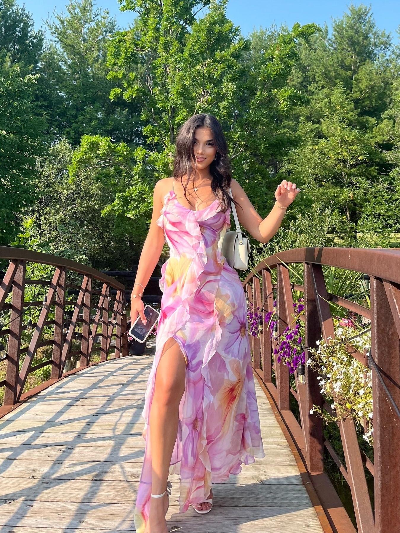 Floral Print Ruffle Frill Maxi Dress