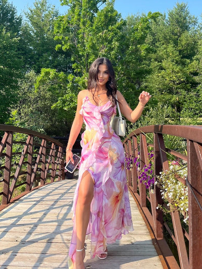 Floral Print Ruffle Frill Maxi Dress