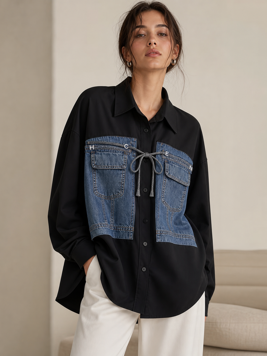 Denim Patch Cotton Shirt Dress by Exclusives, black with blue denim front patches and tie-front detail