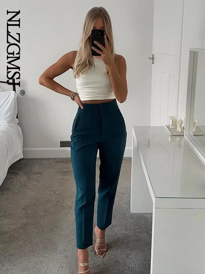 Blue High Waist Ankle Length Pants
