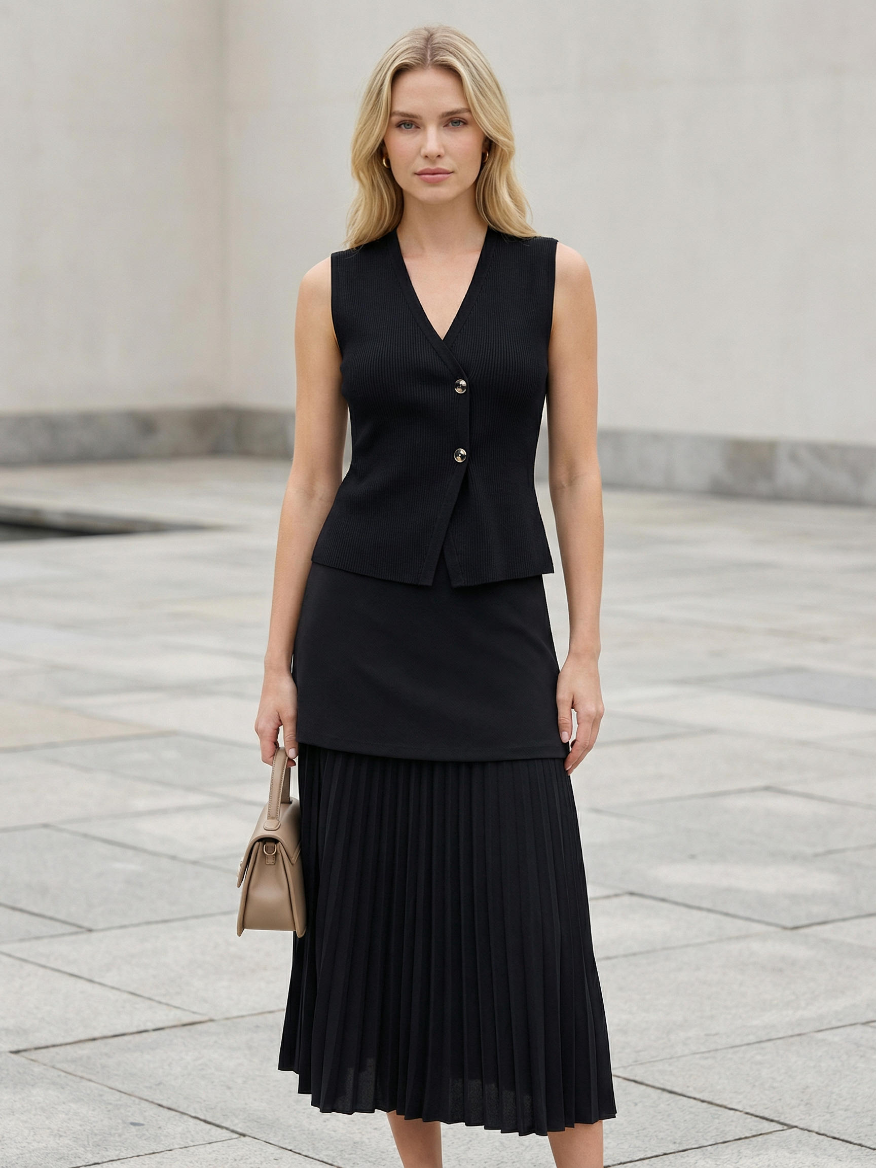 Black-knitted sleeveless vest with V-neck and two buttons over a pleated high-waist black midi skirt, beige handbag.