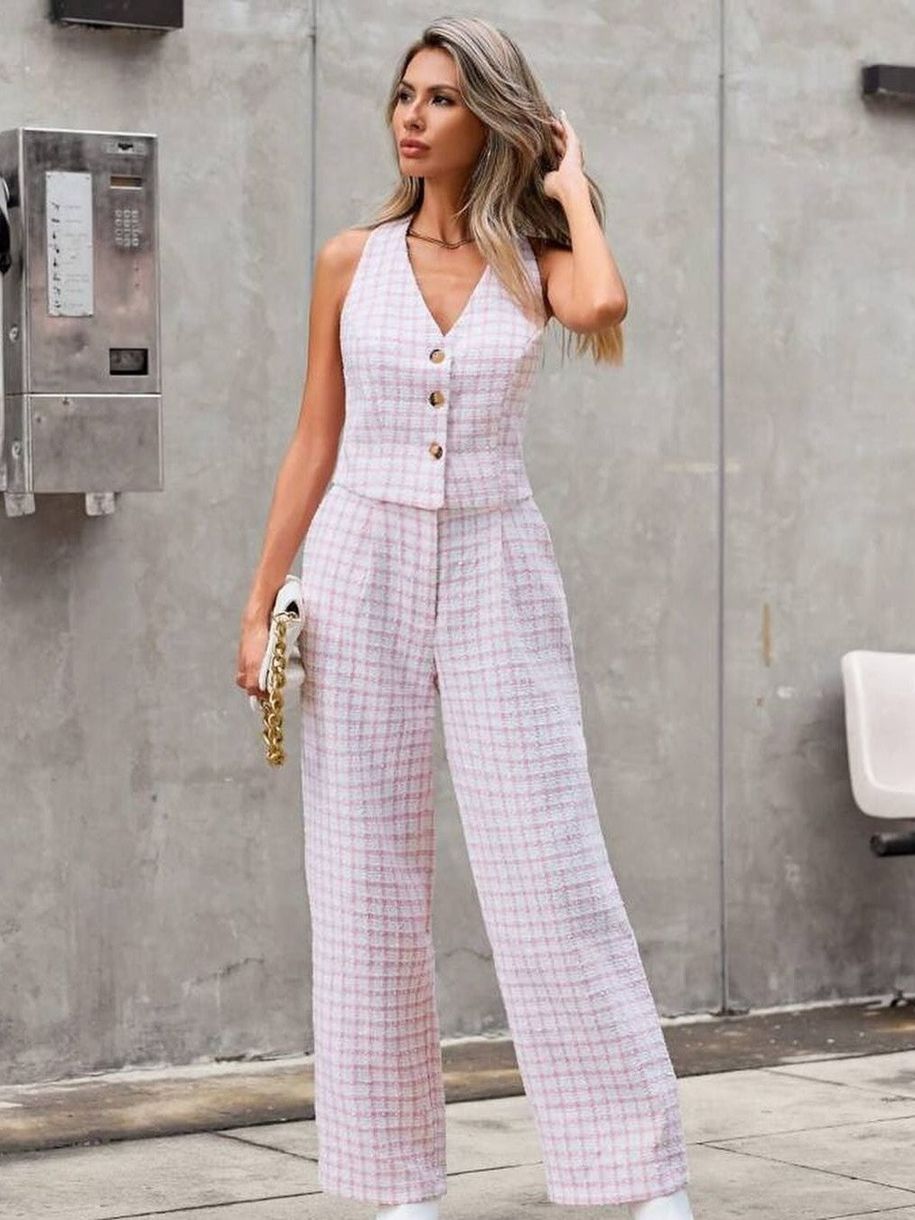 Pink Tweed Waist Coat & Wide Leg Pants Coord Set