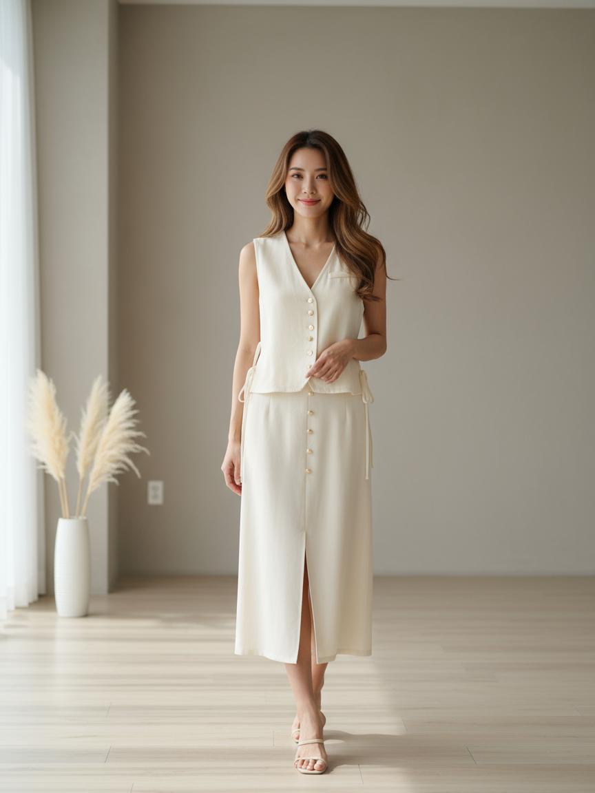 V Neck Side Tie Vest And Slit Button Skirt Coord Set