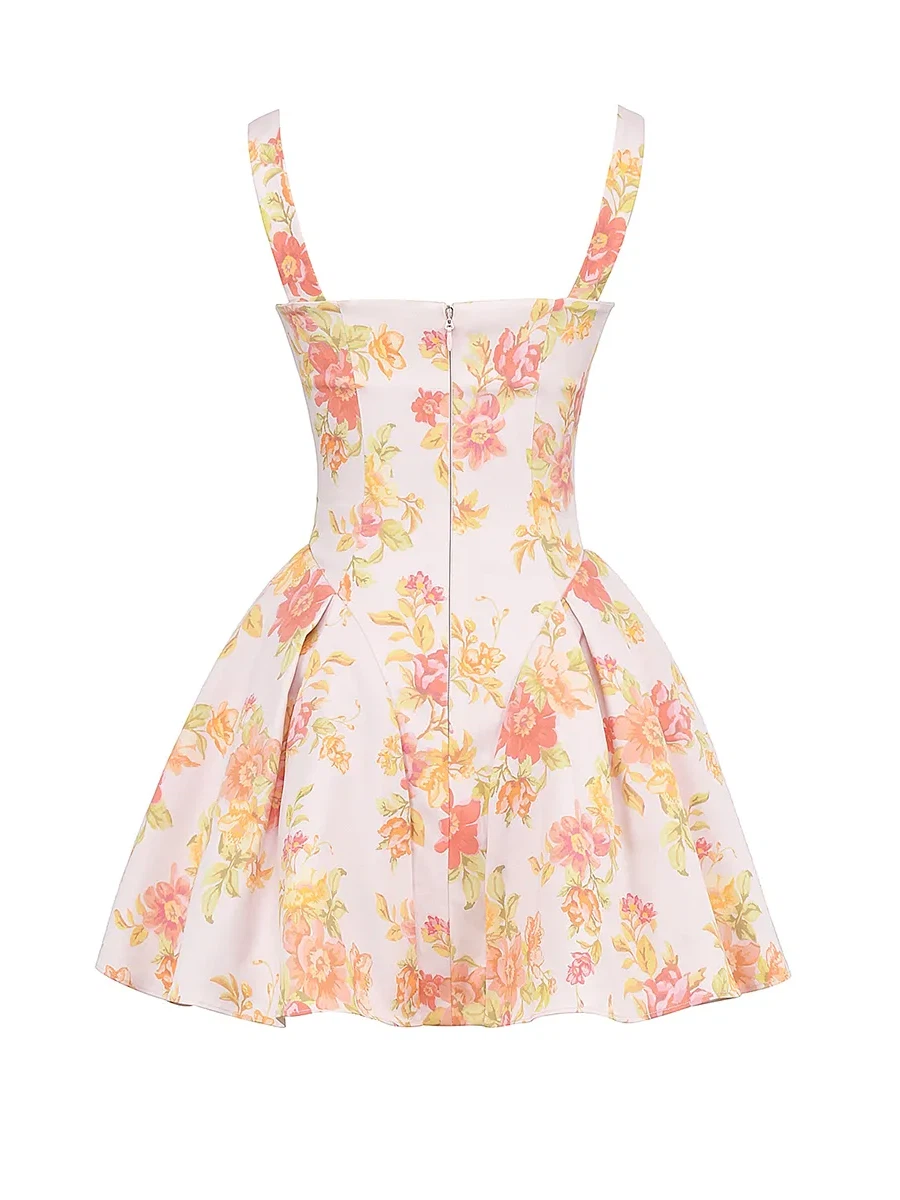 Floral Print Flare Short Irregular Neck Cinch Waist Dress