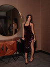 Burgundy Halterneck Sequins Slit Dress