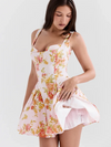 Floral Print Flare Short Irregular Neck Cinch Waist Dress