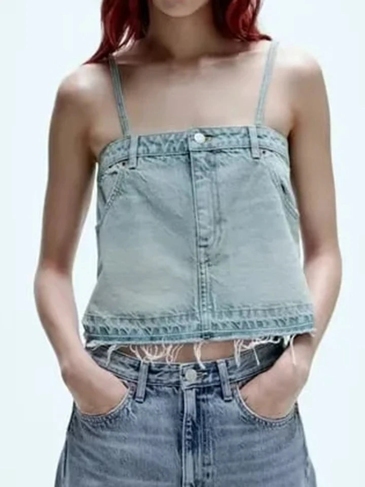 Spaghetti Strap Cami Denim Crop Top