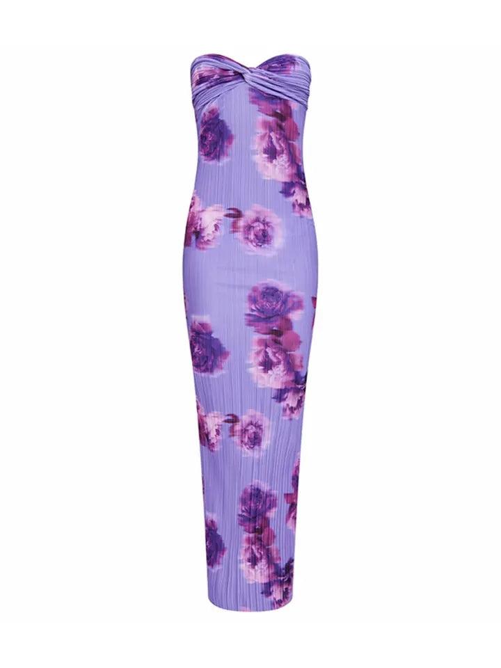 Printed Pleated Bandeau Tube Maxi Dress