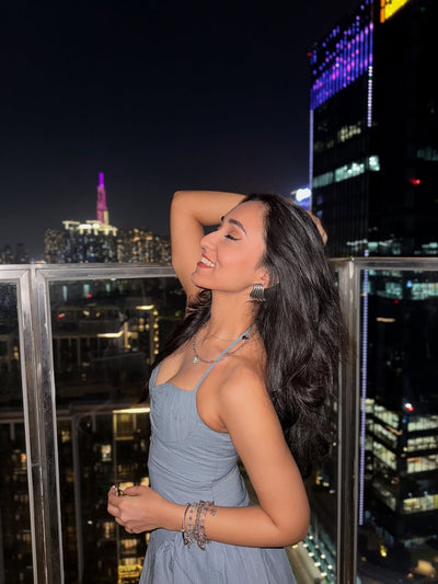 Striped Halterneck Grey Backless Flare Dress