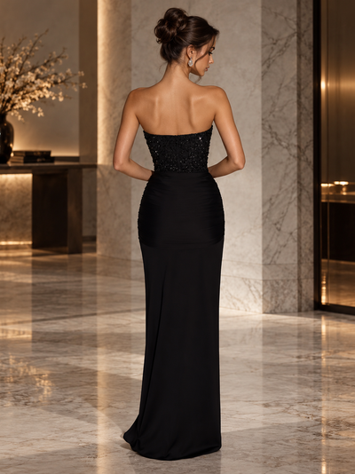 Ophelia Corset Maxi Dress, black sequined strapless bodice with a fitted satin skirt