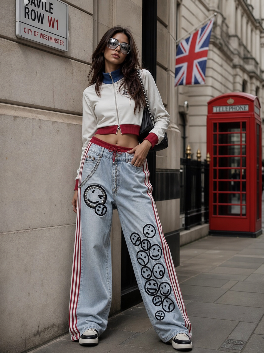 Denim Smiley Striped Pants SR Store on sale; light-wash with red side stripes and smiley patches.