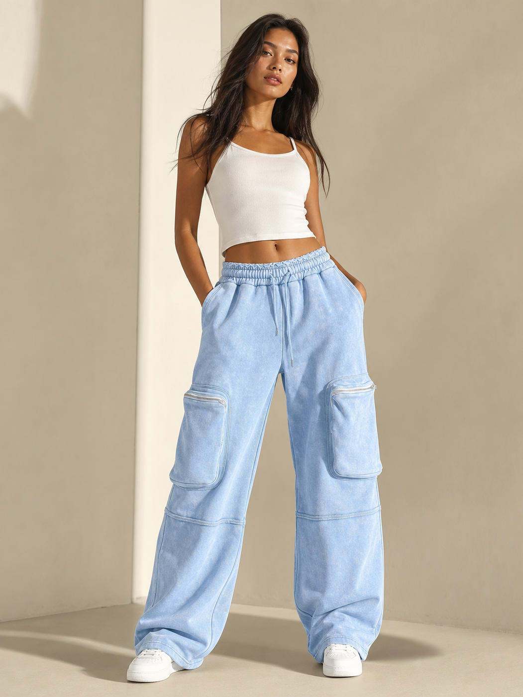 Cargo Wide Leg Pant With Pockets by EXCLUSIVES, light blue denim, on sale.