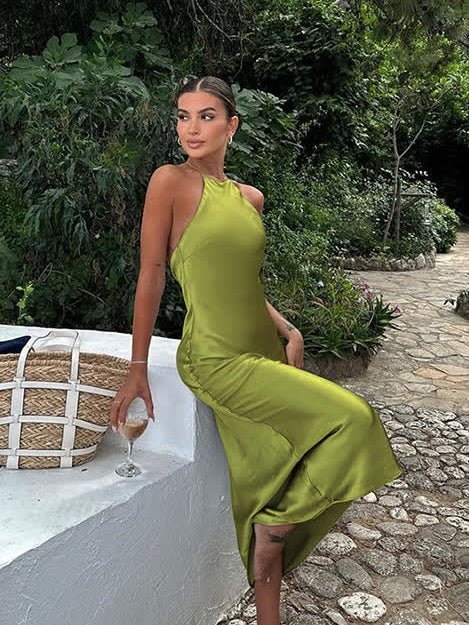 Green Halter Neck Slip Satin Dress