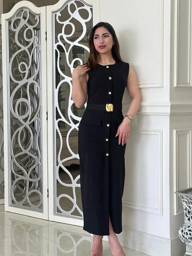 Sleeveless Applique Belt Midi Dress