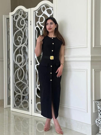 Sleeveless Applique Belt Midi Dress