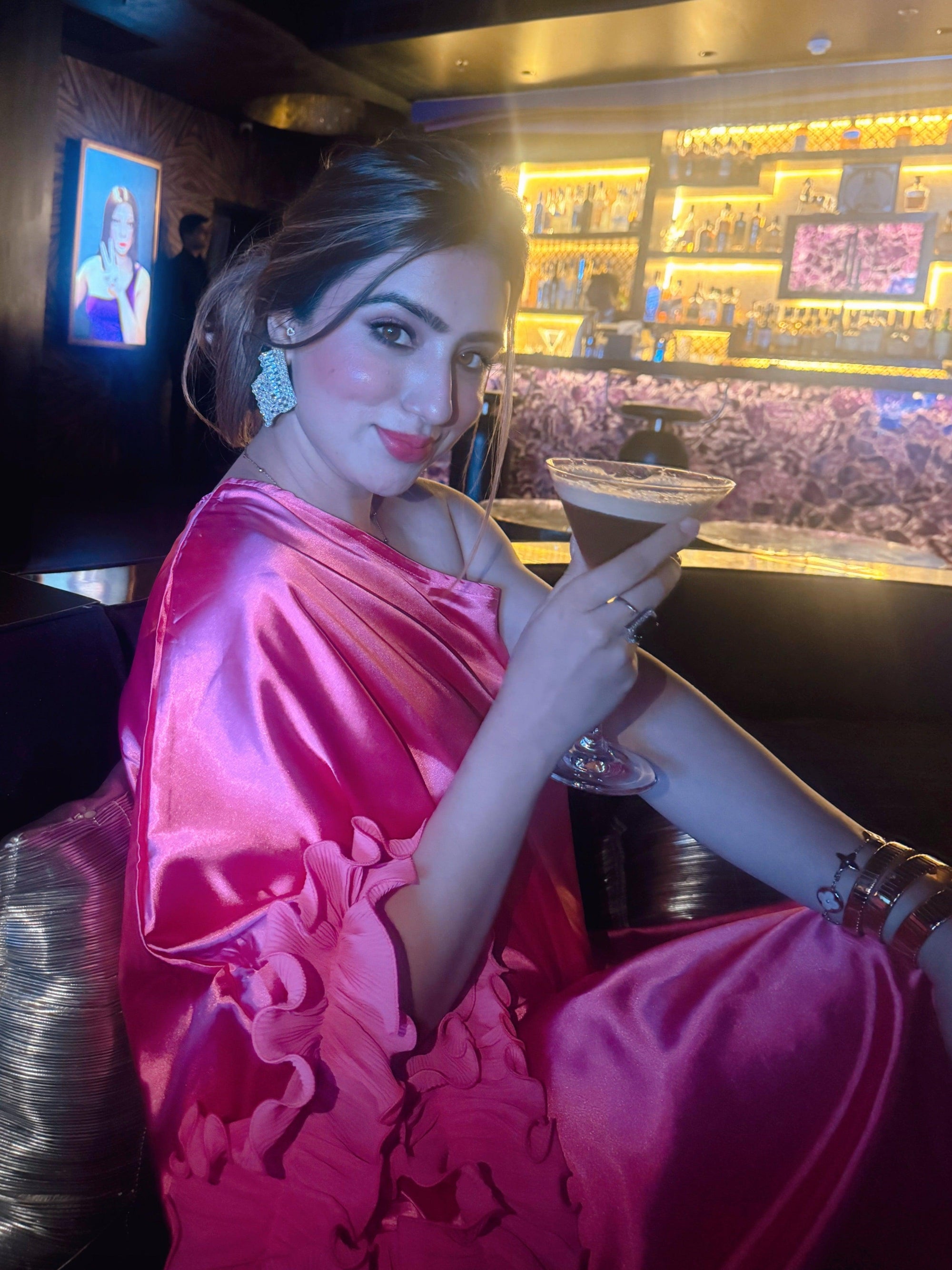 One Shoulder Ruffles Pink Dress