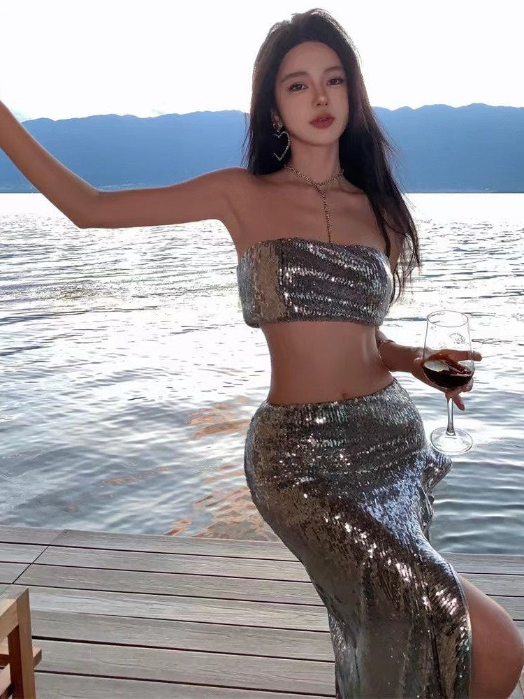 Silver Sequins Bandeau Tube Top & Ruffle Slit Skit Coord Set