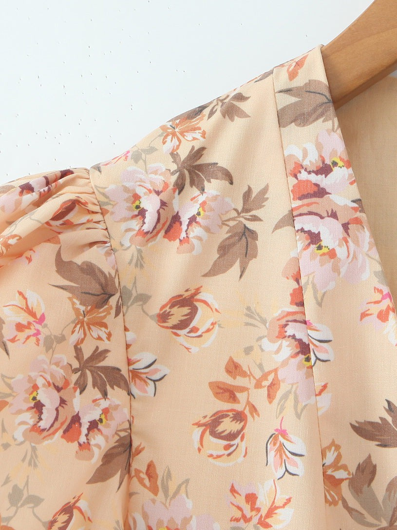 Floral Printed V Neck Flare Short Dress