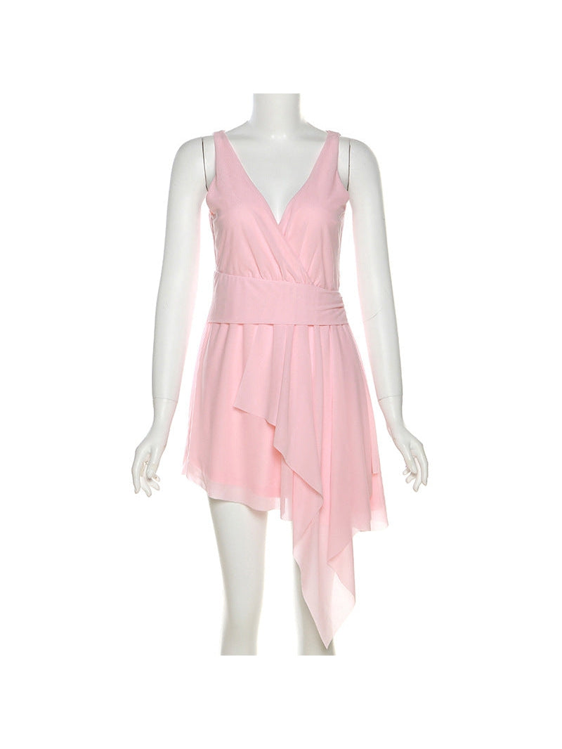 V Neck Wrap Short Asymmetric Dress